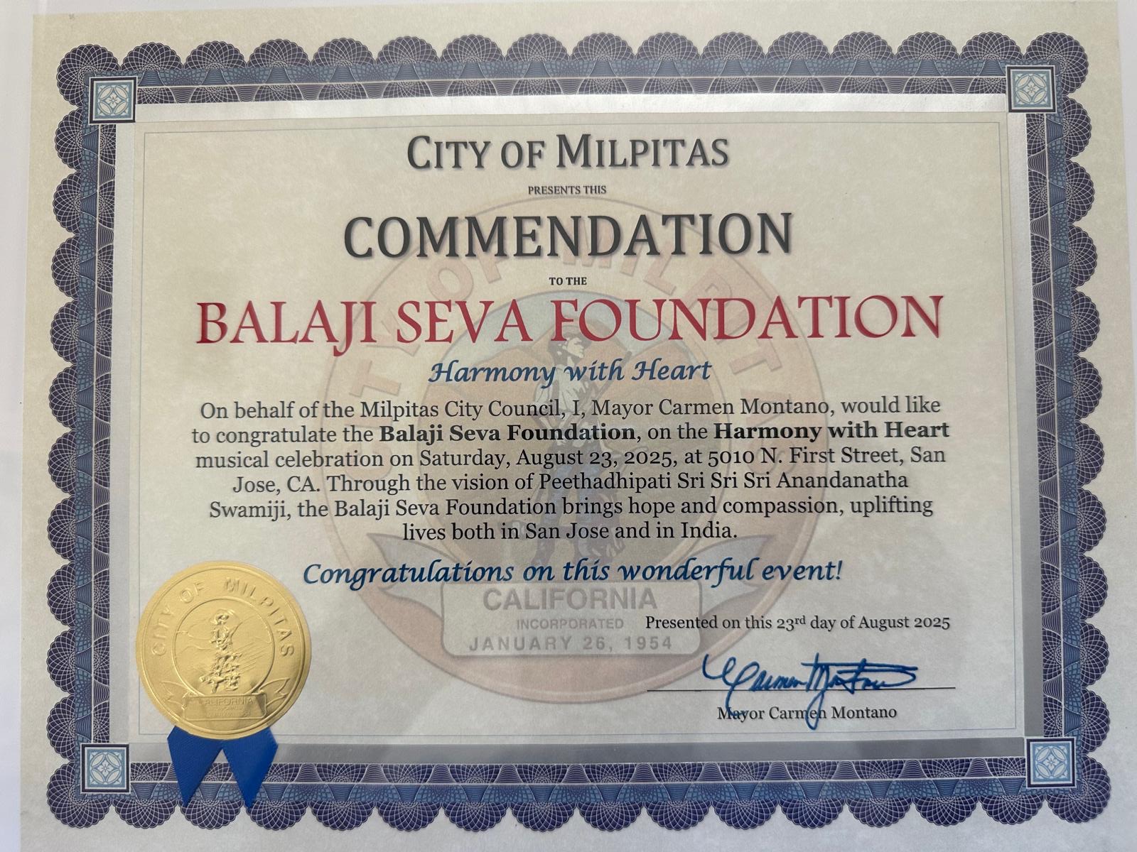 City of Milpitas Commendation